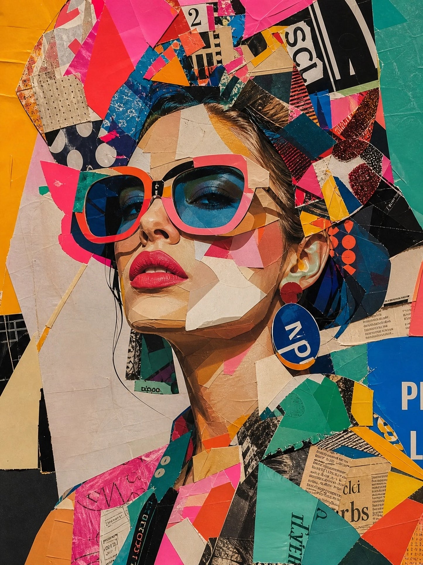 Papel decoupage Cut & Paste de Mint by Michelle — retrato femenino con gafas de sol rosas y collage pop art colorido con formas geométricas y fragmentos de periódico