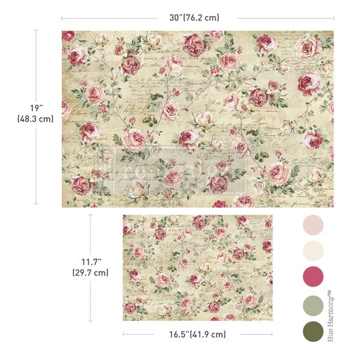 Papel de decoupage Timeless Charm – rosas vintage y enredaderas sobre fondo de escritura envejecida, Redesign with Prima, set de 2 hojas