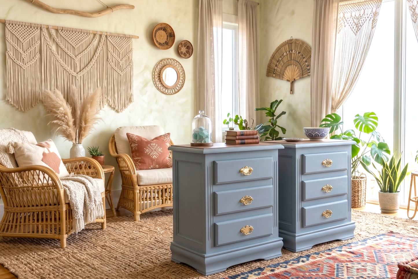 Set aus 2 Nachttischen im Vintage MCM-Stil | Seaside Blue | Gold- oder Kupfergriffe | Handrestauriert