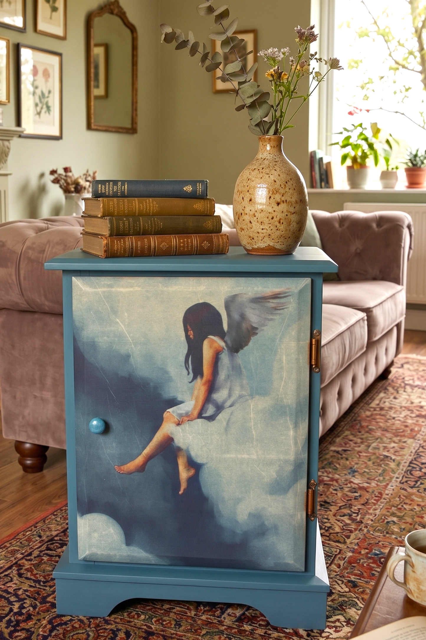 Aparador vintage restaurado a mano en azul con ilustración decoupage de ángel, estilo shabby chic romántico – Anaqa Design