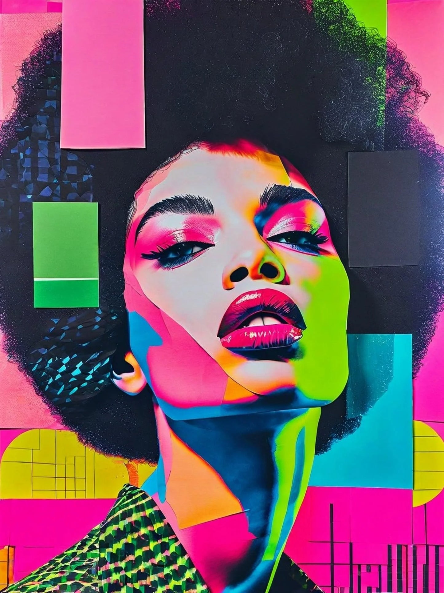 Papel decoupage Pop Frequency - Retrato femenino pop art con colores neón y fondo geométrico - Mint by Michelle