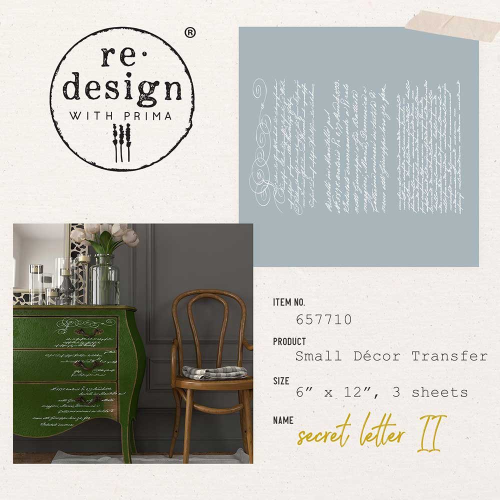 Small Décor Transfer Secret Letter II de Re-Design with Prima - referencia 657710, 3 hojas 6x12 pulgadas, caligrafía manuscrita vintage aplicada en cómoda bombé verde botella