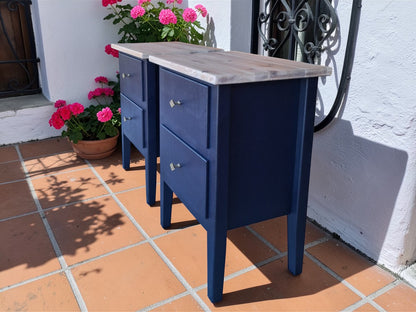 Vista lateral mesita de noche Mid Century Modern azul oscuro - 66x49x36cm