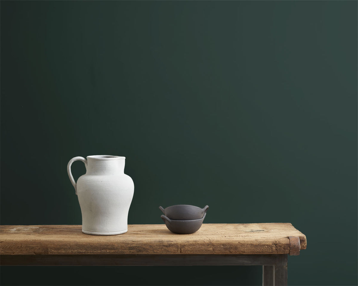 Pared pintada en Knightsbridge Green con Wall Paint de Annie Sloan, junto a una maceta blanca y negra