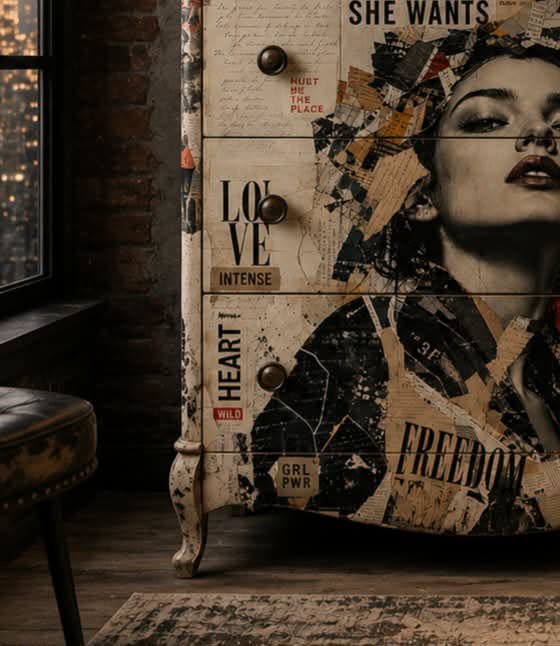 Cómoda vintage restaurada con papel decoupage Rebel Heart de Mint by Michelle — collage feminista con figura femenina, tipografías y palabras como Freedom, Love y Girl Power, en ambiente industrial urbano