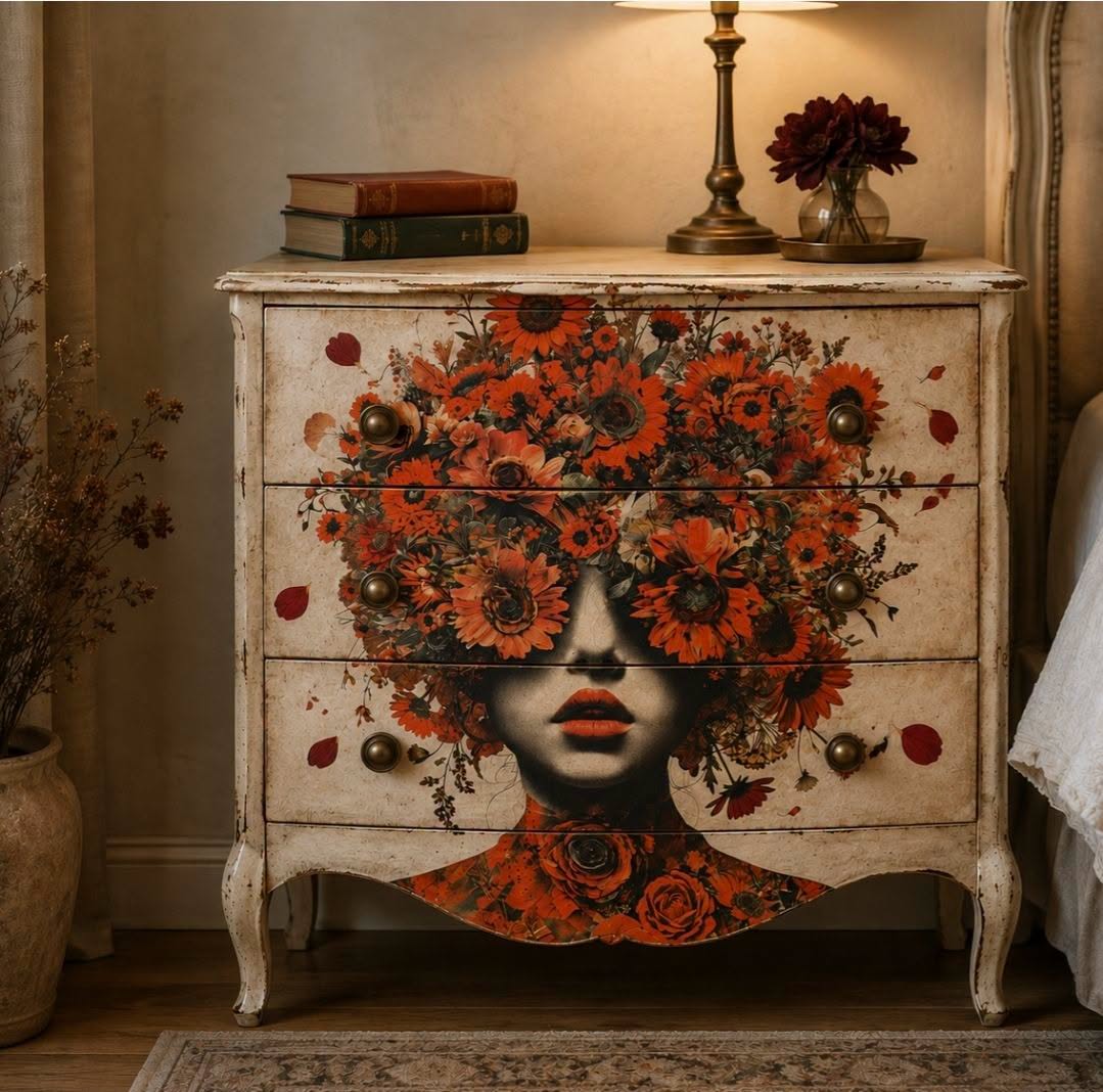Cómoda vintage restaurada con papel decoupage Orange Blossom de Mint by Michelle — figura femenina con corona de flores rojas y naranjas aplicada sobre mueble crema envejecido en dormitorio cálido