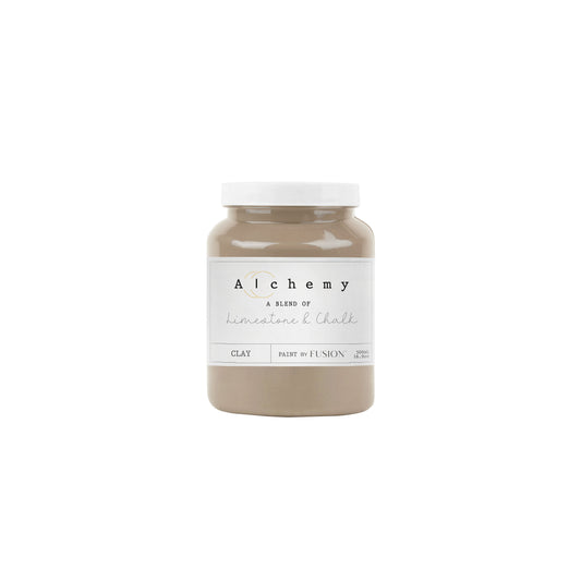 Bote Alchemy by Fusion Clay 500ml, pintura a la tiza taupe profundo con tonos grises cálidos, mezcla de limestone y chalk para restauración de muebles