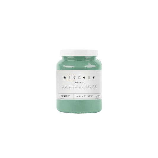 Bote Alchemy by Fusion Juniper 500ml, pintura a la tiza verde medio con subtonos azules vibrantes, mezcla de limestone y chalk para restauración de muebles