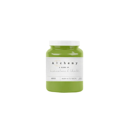Bote Alchemy by Fusion Moss 500ml, pintura a la tiza chartreuse verde amarillento vibrante, mezcla de limestone y chalk para restauración de muebles