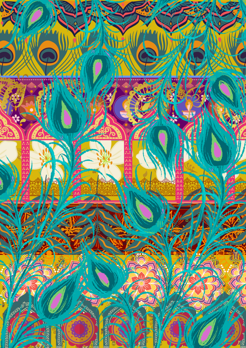 Papel decoupage Boogie Nights de Made by Marley - diseño bohemio tropical con pájaros exóticos y motivos étnicos en colores vibrantes - 3 hojas A3