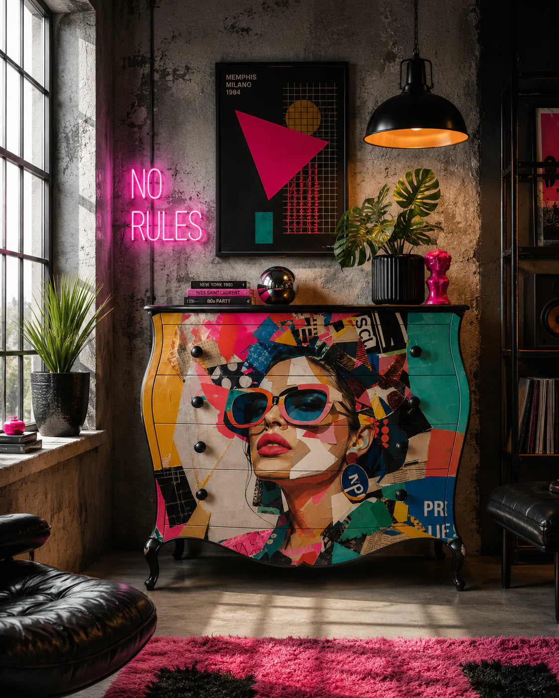 Cómoda bombeada restaurada con papel decoupage Cut & Paste de Mint by Michelle — retrato pop art femenino en ambiente industrial urbano con neón "No Rules" y decoración estilo Memphis