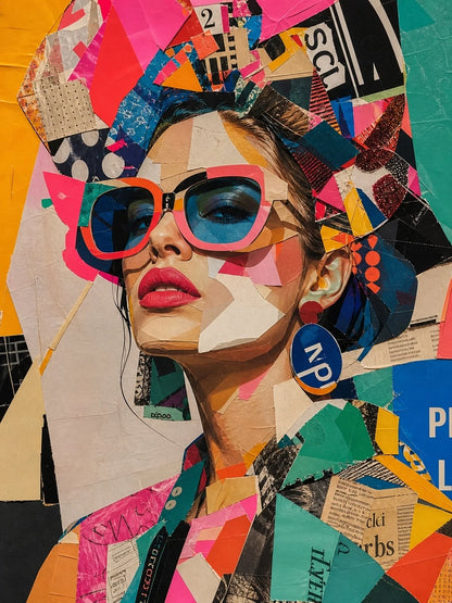 Papel decoupage Cut & Paste - Retrato femenino con gafas de sol sobre collage pop art colorido - Mint by Michelle
