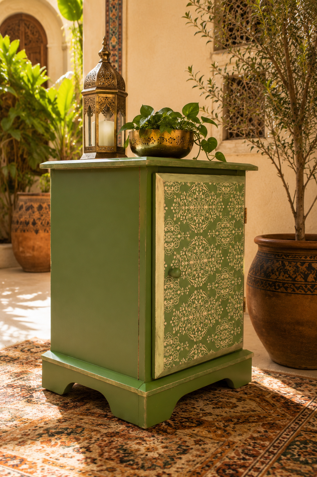 Vista lateral de armario auxiliar restaurado en verde oliva con puerta decorada a mano, estilo marroquí — Anaqa Design