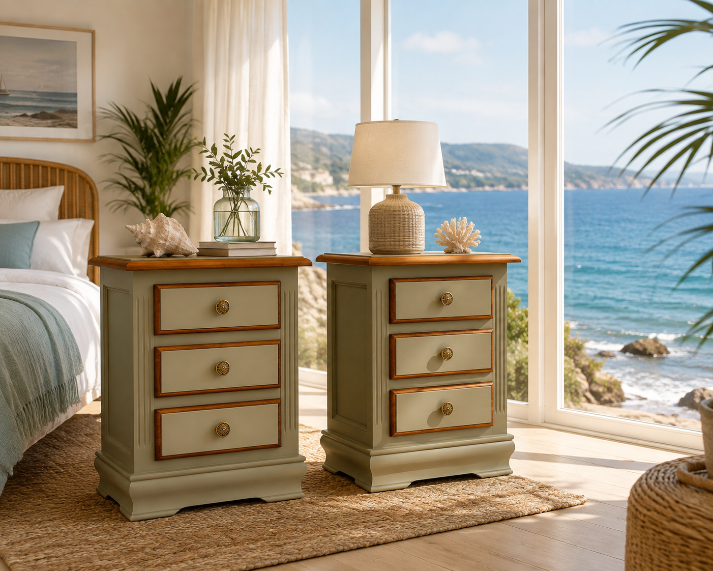 Mesitas de Noche Vintage Verde Musgo y Madera Natural | Juego de 2 Mesillas Restauradas y Pintadas a Mano | Estilo Costero y Mediterráneo