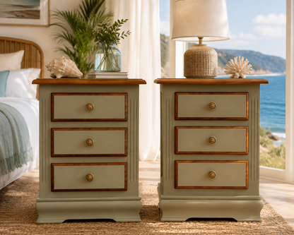 Mesitas de Noche Vintage Verde Musgo y Madera Natural | Juego de 2 Mesillas Restauradas y Pintadas a Mano | Estilo Costero y Mediterráneo