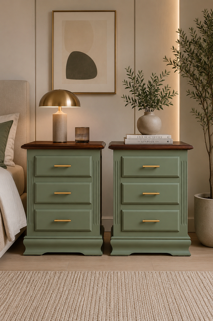 Mesitas de noche de madera maciza de pino restauradas a mano, pintadas en verde oliva con tiradores de latón cepillado, estilo farmhouse escandinavo