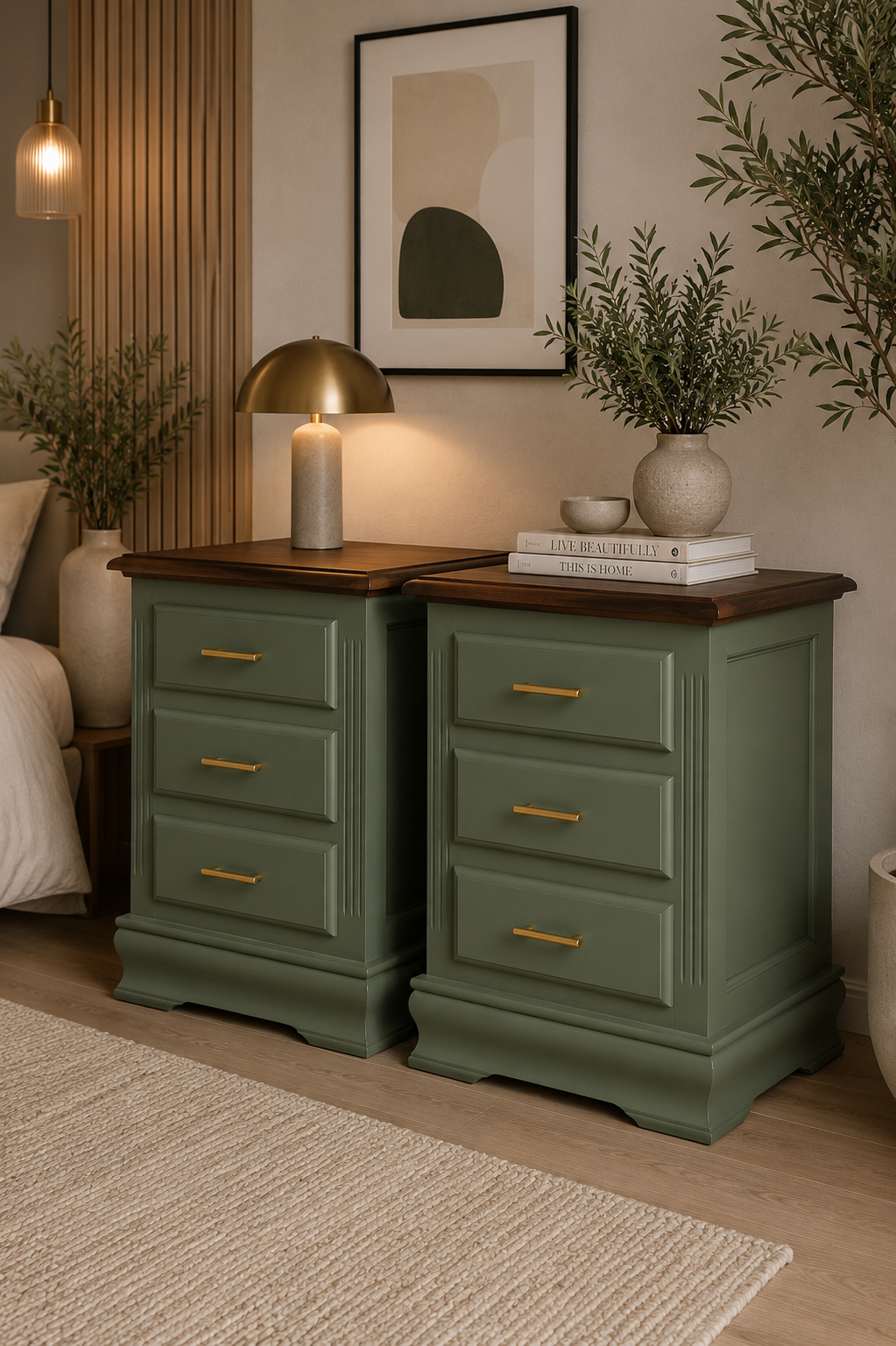 Par de mesitas de noche vintage restauradas en verde oliva con encimera de madera teñida en nogal, decoradas con plantas y libros en dormitorio rústico