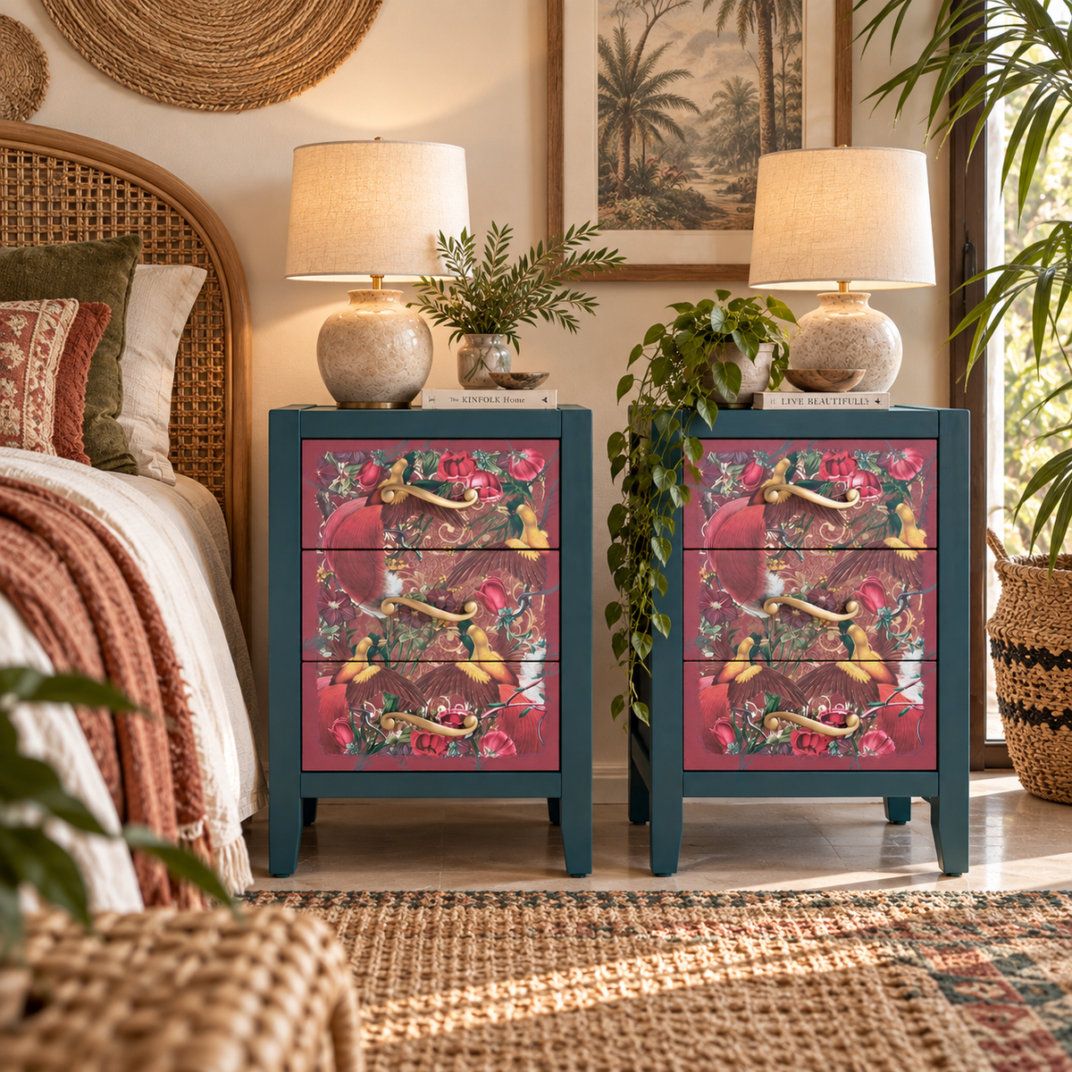 Set of 2 Botanical Bedside Tables with Birds | Hand-Painted Green Nightstands in Maximalist Style | Vintage Wooden Furniture