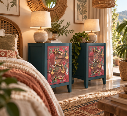 Set of 2 Botanical Bedside Tables with Birds | Hand-Painted Green Nightstands in Maximalist Style | Vintage Wooden Furniture