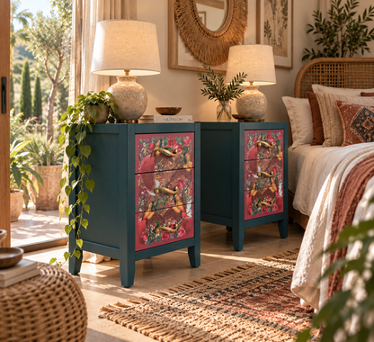 Set of 2 Botanical Bedside Tables with Birds | Hand-Painted Green Nightstands in Maximalist Style | Vintage Wooden Furniture