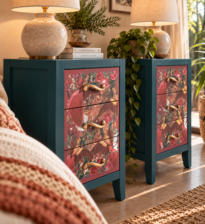 Set of 2 Botanical Bedside Tables with Birds | Hand-Painted Green Nightstands in Maximalist Style | Vintage Wooden Furniture