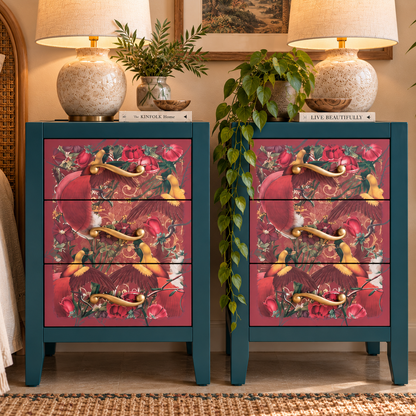 Set of 2 Botanical Bedside Tables with Birds | Hand-Painted Green Nightstands in Maximalist Style | Vintage Wooden Furniture