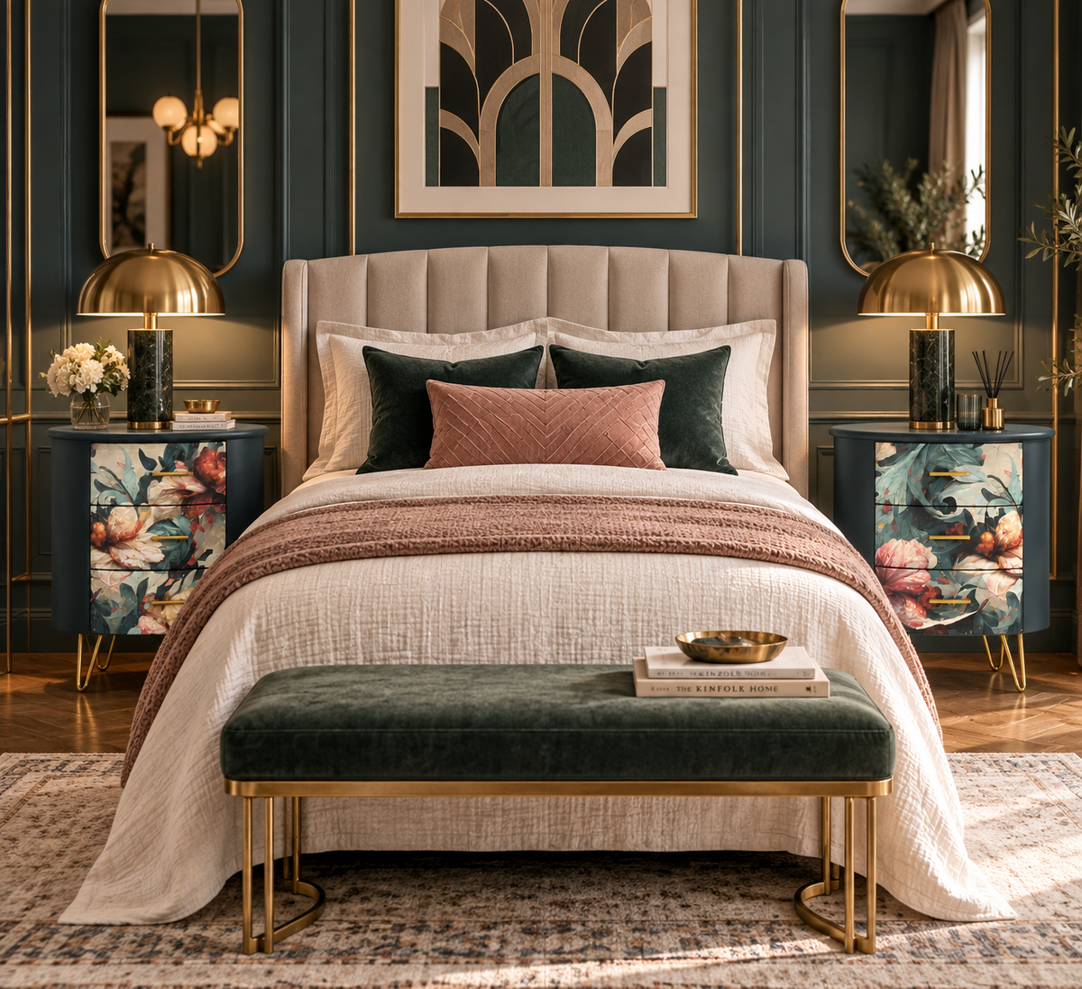 Par de mesitas de noche Art Déco florales flanqueando cama tapizada, con lámparas doradas y decoración de dormitorio estilo glamour

