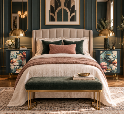 Par de mesitas de noche Art Déco florales flanqueando cama tapizada, con lámparas doradas y decoración de dormitorio estilo glamour

