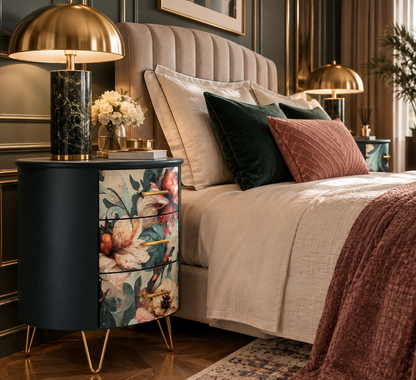 Mesita de noche restaurada con diseño floral boho en azul oscuro y tiradores dorados, junto a cama con ropa de cama en tonos tierra