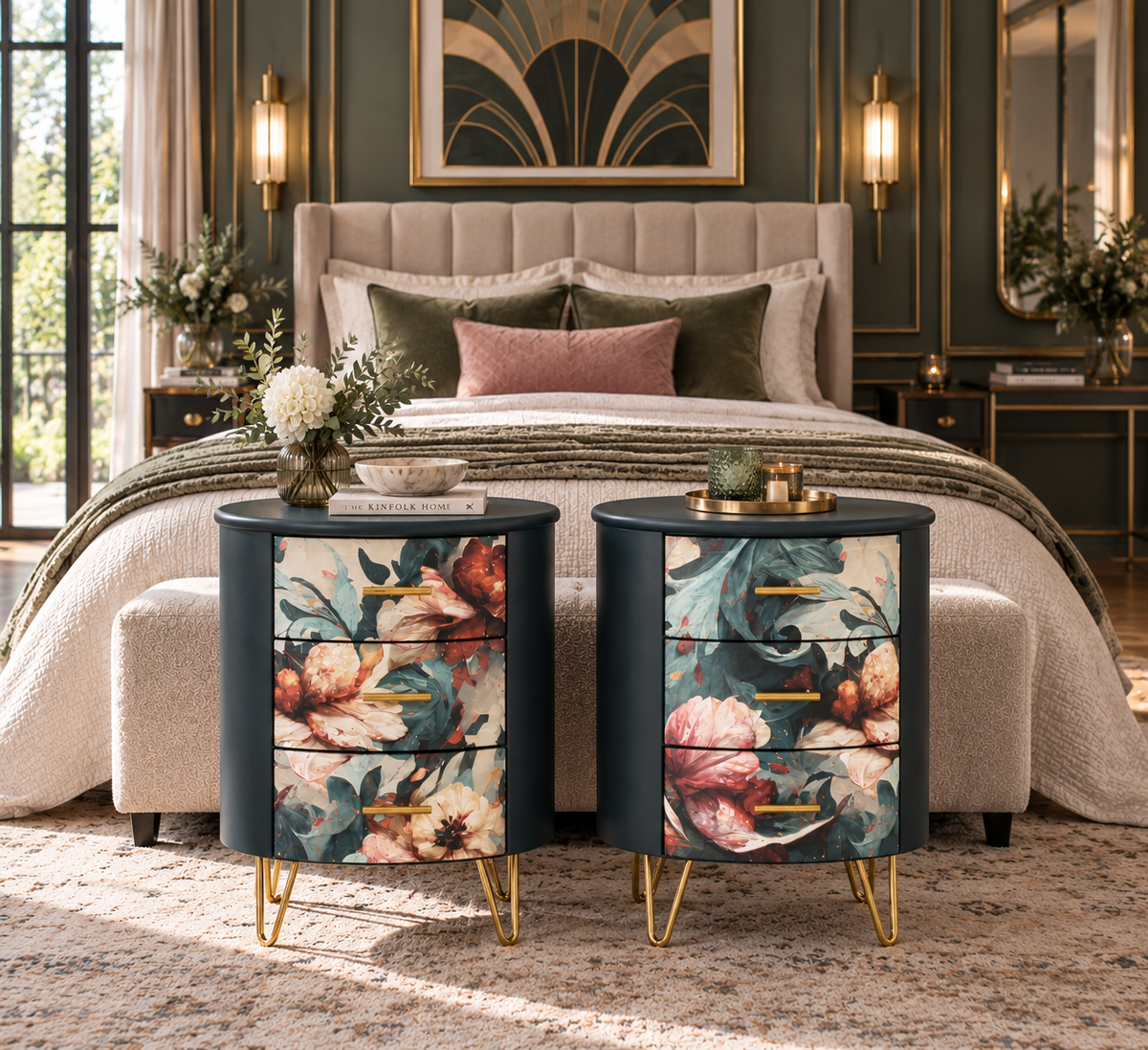 Juego de 2 mesillas de noche restauradas a mano con motivos florales en acuarela, patas hairpin doradas, en dormitorio estilo art déco