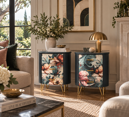 Mesitas de noche decoradas artesanalmente con flores en tonos rosados y verdes sobre fondo azul oscuro, con tiradores dorados, en salón boho