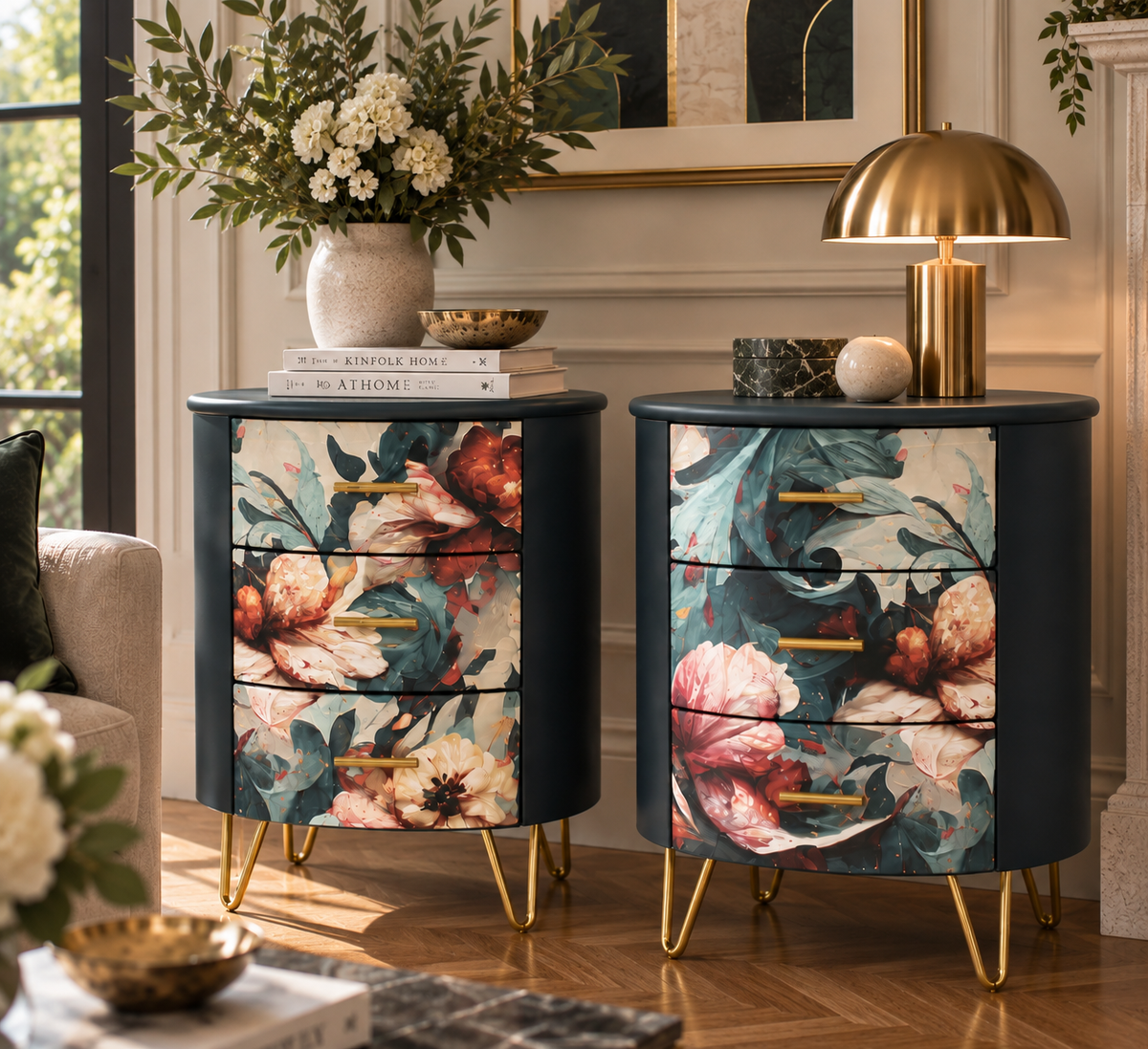 Juego de 2 mesitas de noche Art Déco con estampado floral pintado a mano, cajones con tiradores dorados y patas hairpin, en salón decorado