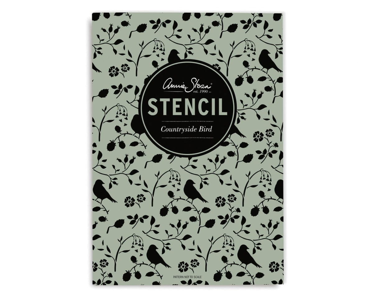Envase del stencil A4 Countryside Bird Annie Sloan, vista frontal del empaque