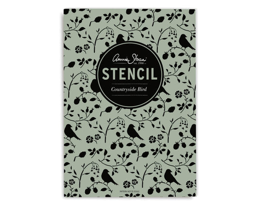 Envase del stencil A4 Countryside Bird Annie Sloan, vista frontal del empaque