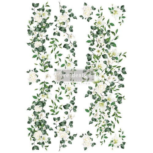 Decor Transfers® Flowers On The Trellis – transfer decorativo con hojas verdes y flores en celosía, Redesign with Prima, 61x89 cm en 2 hojas