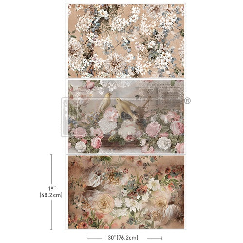 Papel de decoupage Romance In Bloom – pack de 3 hojas con diferentes diseños florales románticos, Redesign with Prima, 48,2 x 76,2 cm
