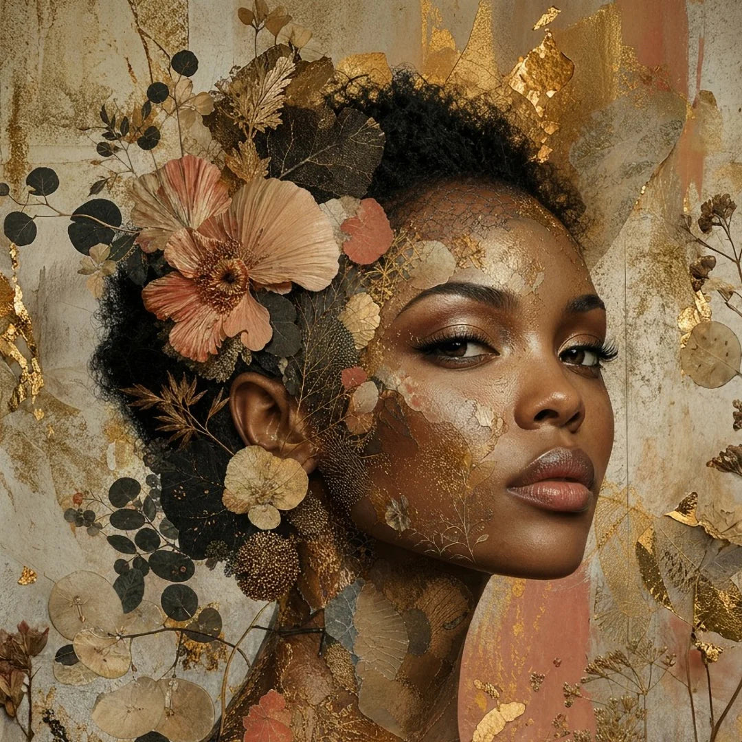 Diseño Earth & Gold de Mint by Michelle — primer plano de retrato femenino con flores prensadas, hojas secas y detalles de pan de oro en tonos tierra y cobre