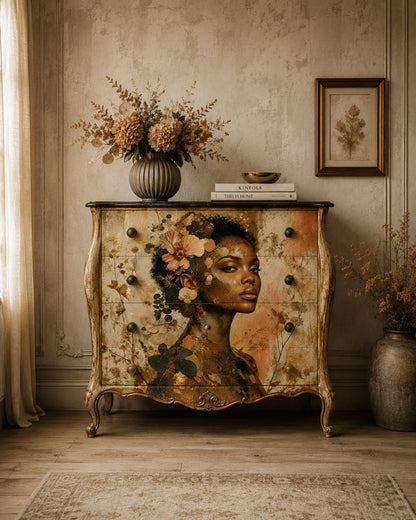 Cómoda bombeada estilo Luis XV restaurada con papel decoupage Earth & Gold de Mint by Michelle — retrato femenino floral en tonos tierra y dorado, en salón clásico con flores secas y libros de decoración