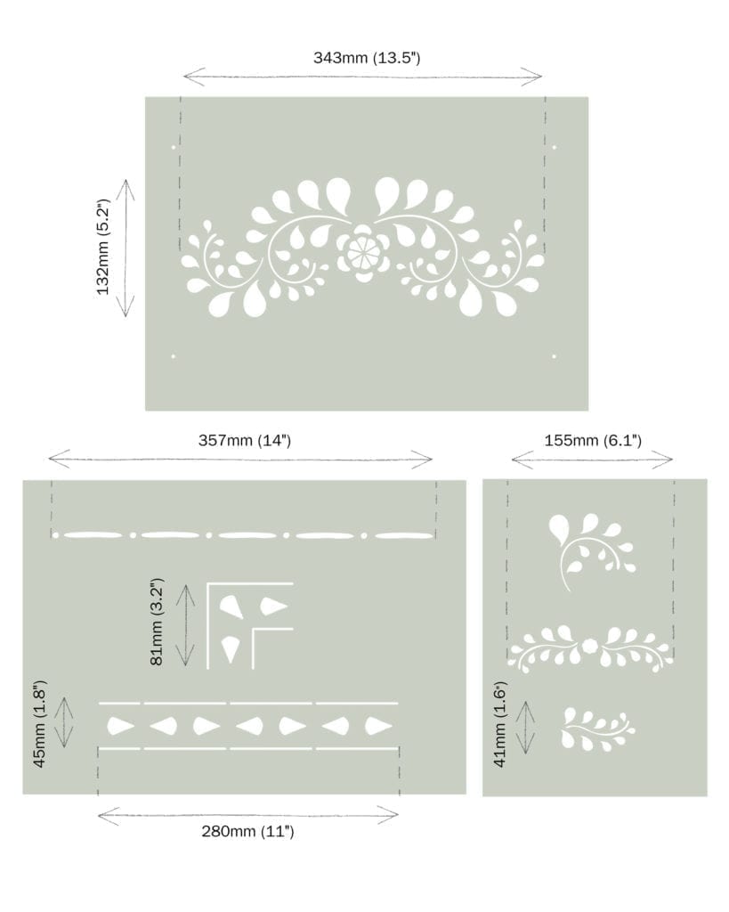 Dimensiones del stencil Faux Bone Inlay Annie Sloan