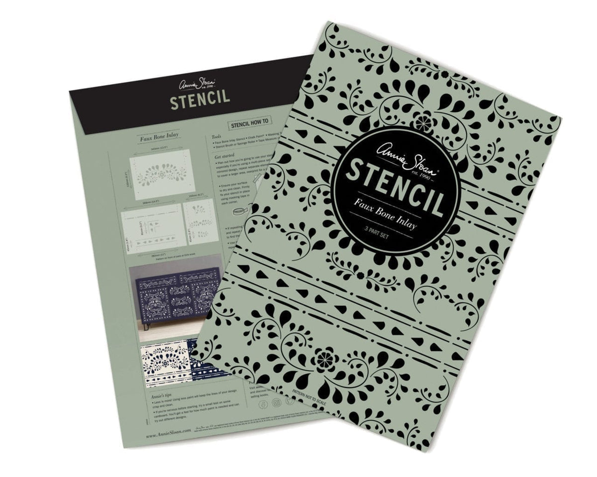 Envase del stencil Faux Bone Inlay Annie Sloan, vista frontal y trasera del empaque