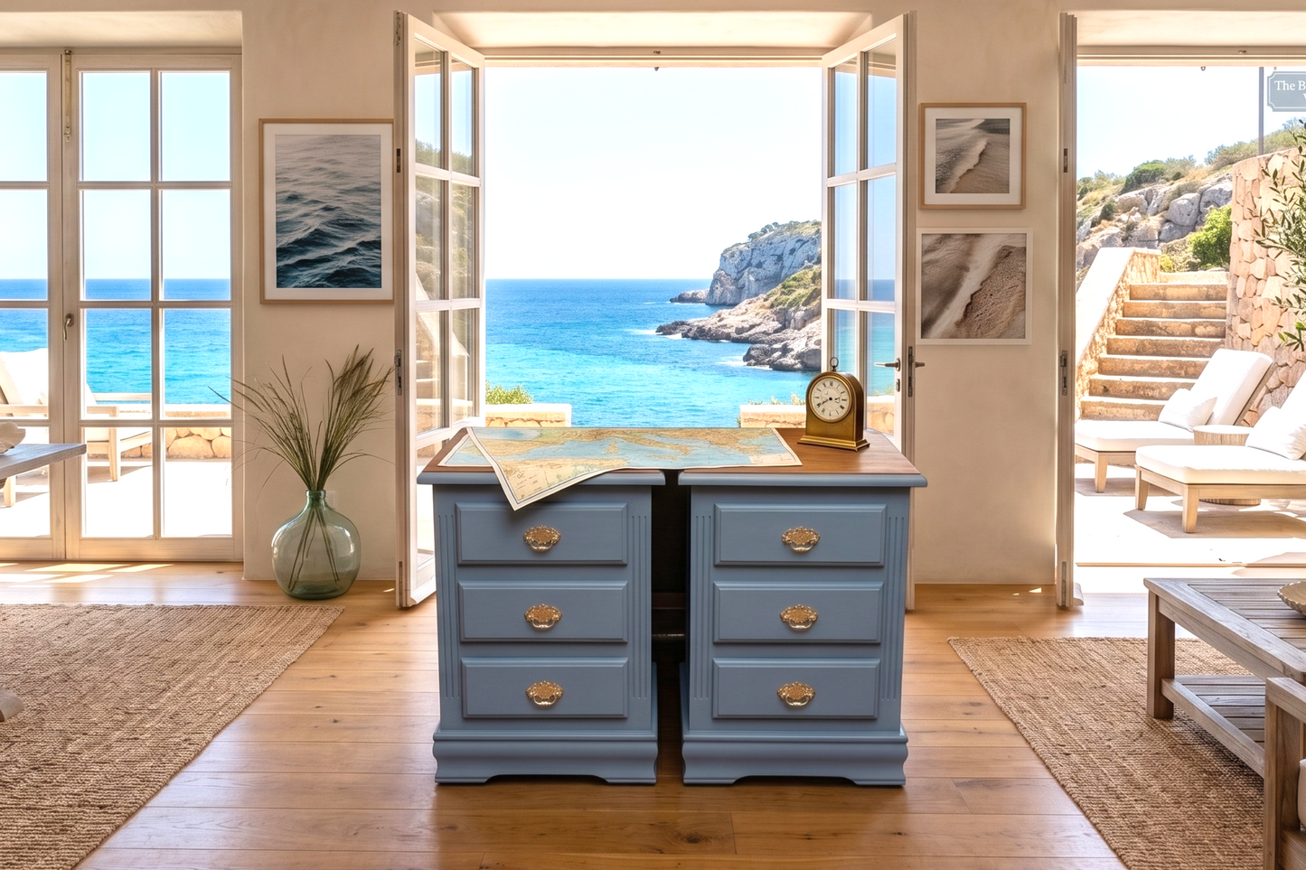 Set aus 2 Nachttischen im Vintage MCM-Stil | Seaside Blue | Gold- oder Kupfergriffe | Handrestauriert