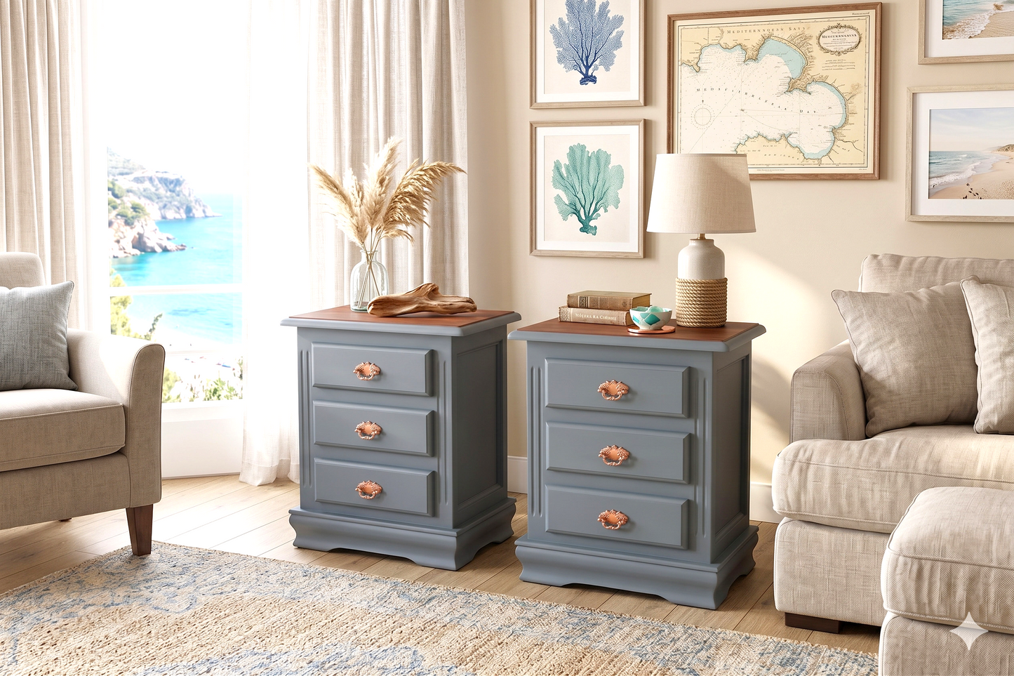 Set aus 2 Nachttischen im Vintage MCM-Stil | Seaside Blue | Gold- oder Kupfergriffe | Handrestauriert