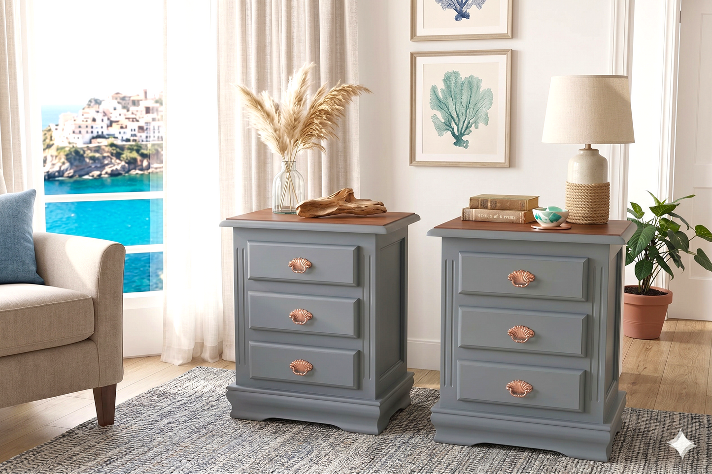 Set aus 2 Nachttischen im Vintage MCM-Stil | Seaside Blue | Gold- oder Kupfergriffe | Handrestauriert
