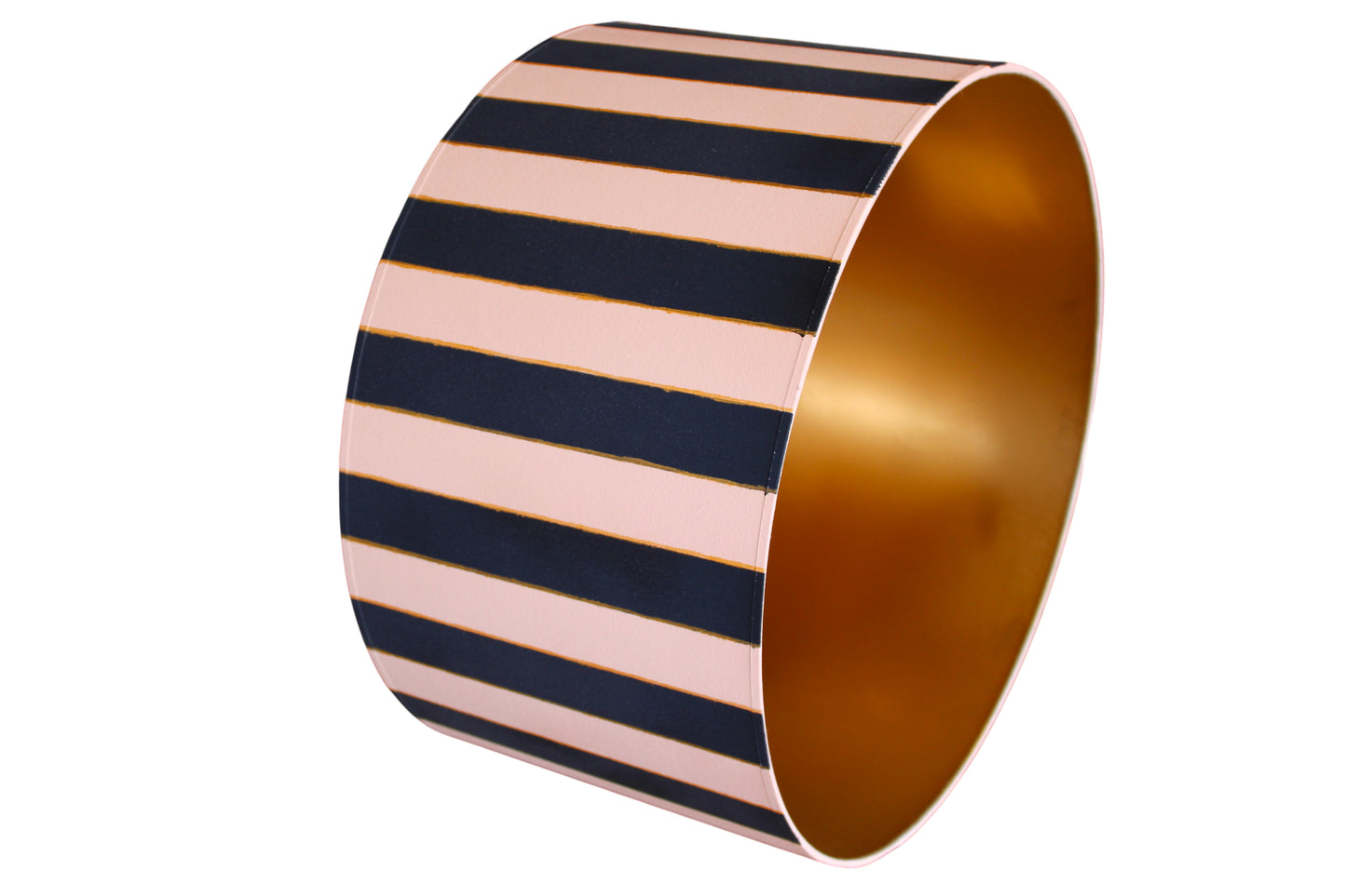 Pantalla de lámpara cilíndrica a rayas rosa y azul con interior dorado – vista general