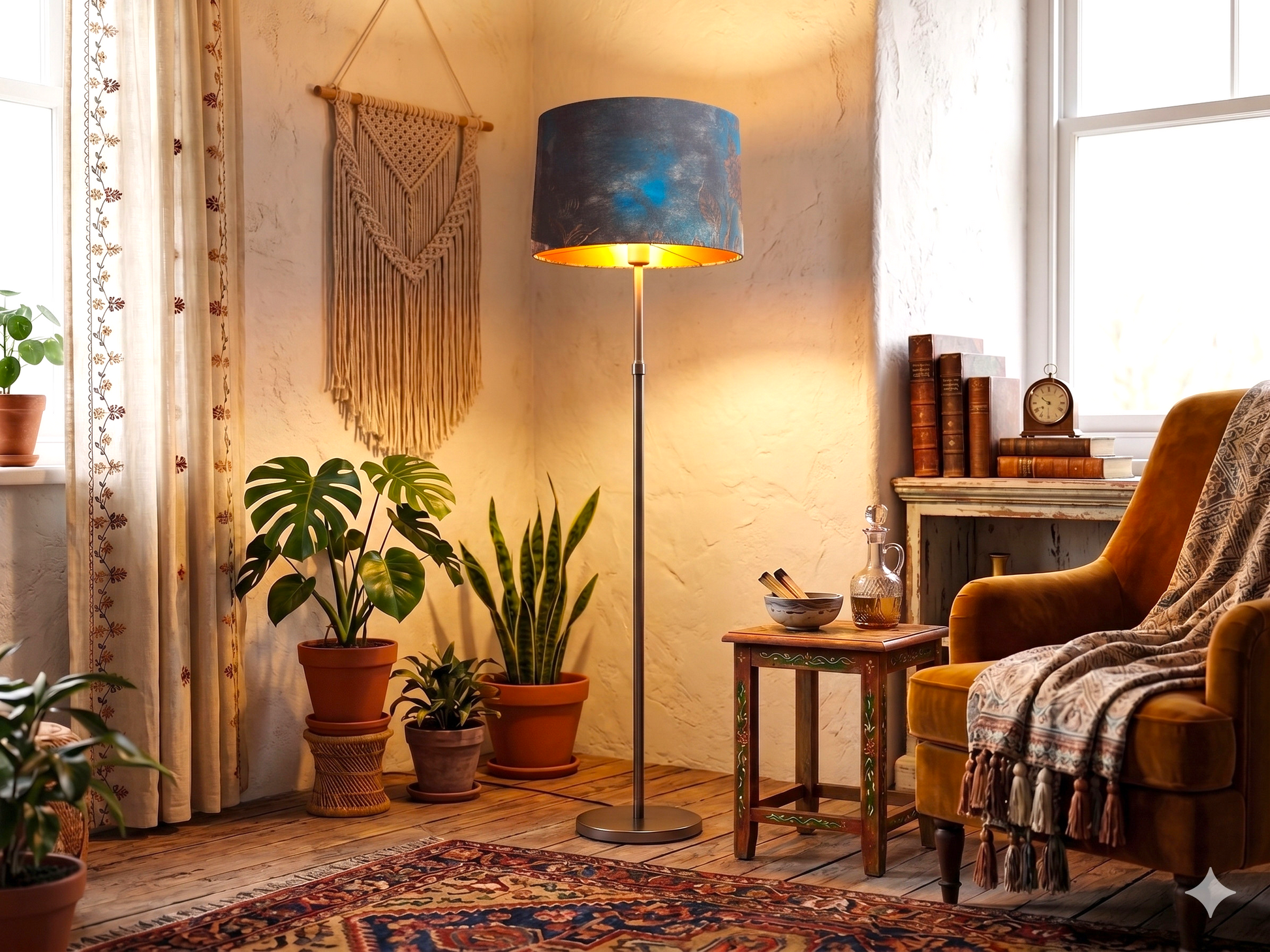 Pantalla de lámpara artesanal boho chic azul y tierra con papel de seda hecha a mano - Anaqa Design