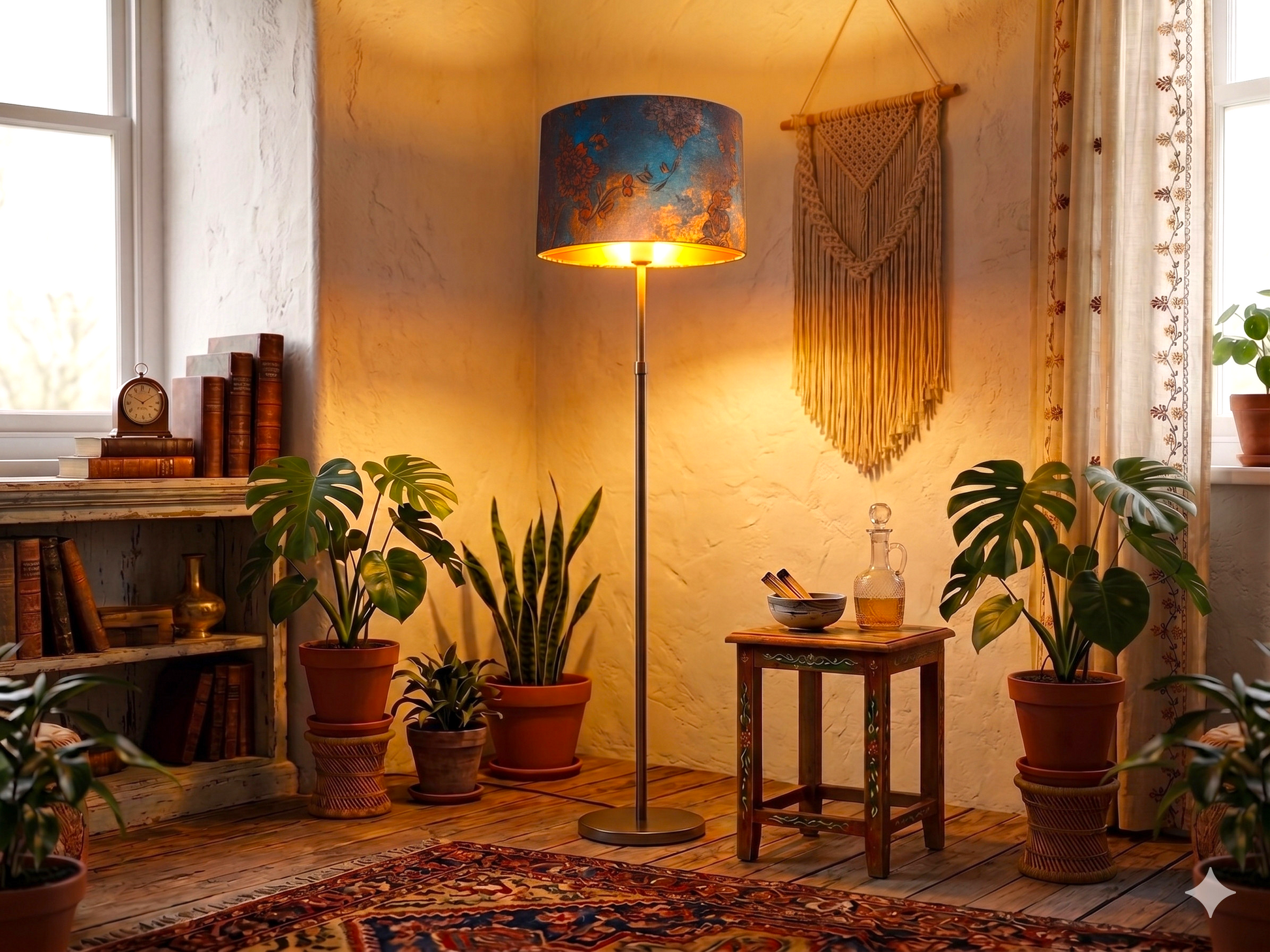 Detalle pantalla lámpara papel de seda azul profundo tonos tierra estilo bohemio artesanal