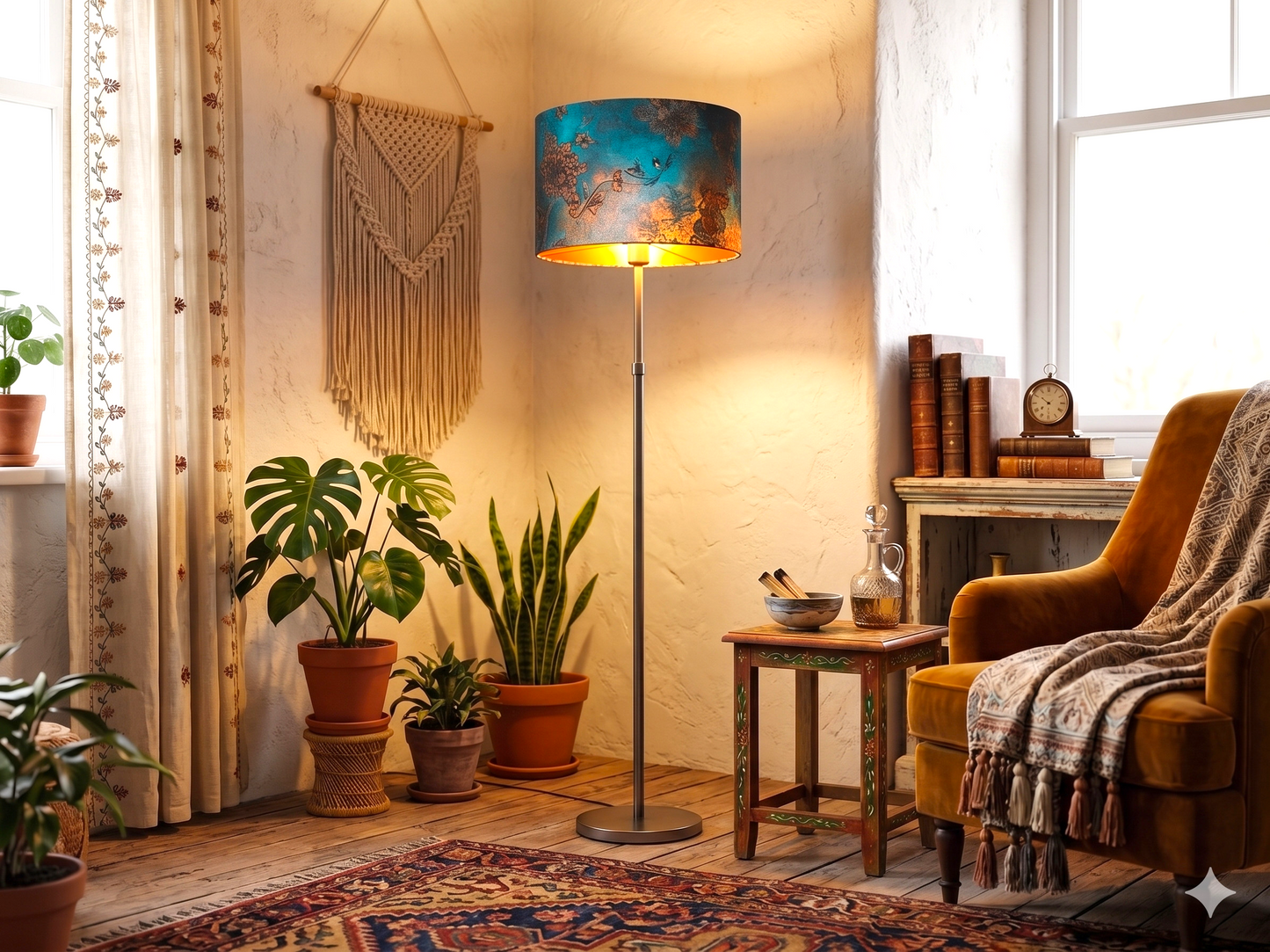 Pantalla lámpara artesanal en ambiente decoración boho chic salón acogedor Anaqa Design