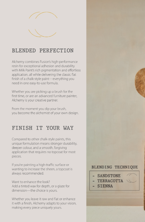 Interior del Alchemy Look Book – técnicas Blended Perfection y Finish It Your Way con colores Sandstone, Terracotta y Sienna