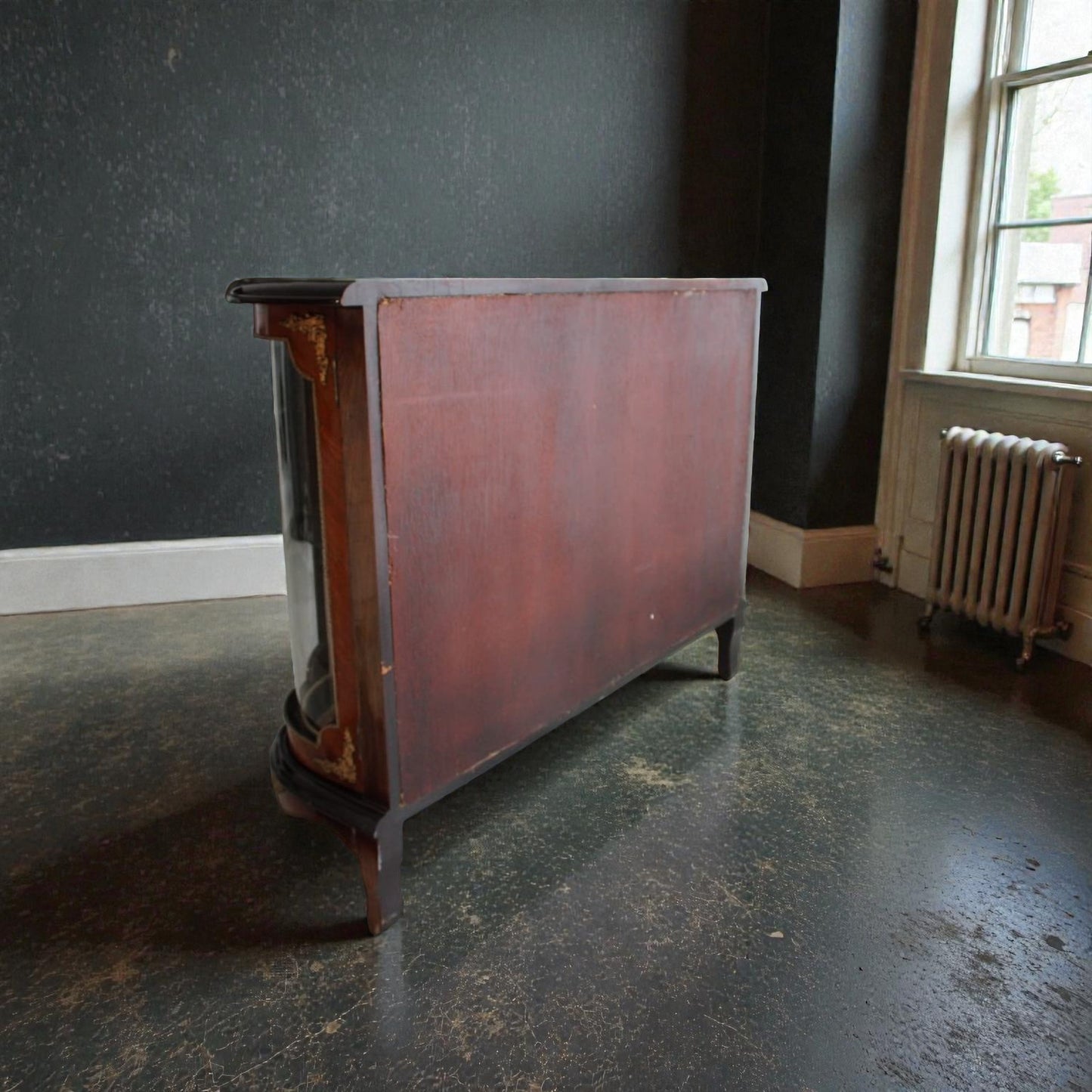 French Louis XV style sideboard/display cabinet with oil painting and bronze marquetry.