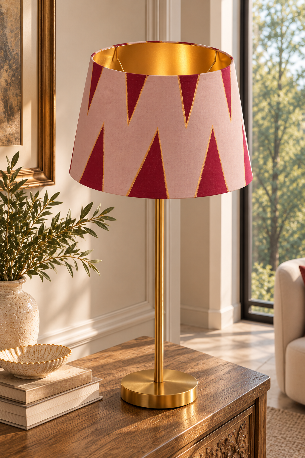Pantalla de lámpara pintada a mano con triángulos burdeos sobre fondo rosa empolvado e interior dorado, presentada sobre un mueble de madera.